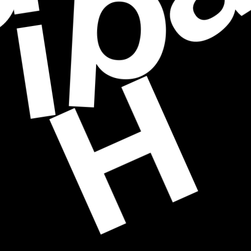 Happitec logo: jumbled letters spelling 'Happitec' arranged by physics simulation. Seed: 219409381. White letters on black background, 512x512 px.