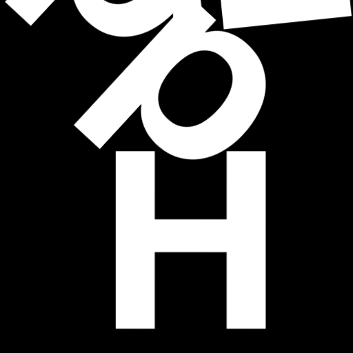 Happitec logo: jumbled letters spelling 'Happitec' arranged by physics simulation. Seed: 48031347. White letters on black background, 512x512 px.