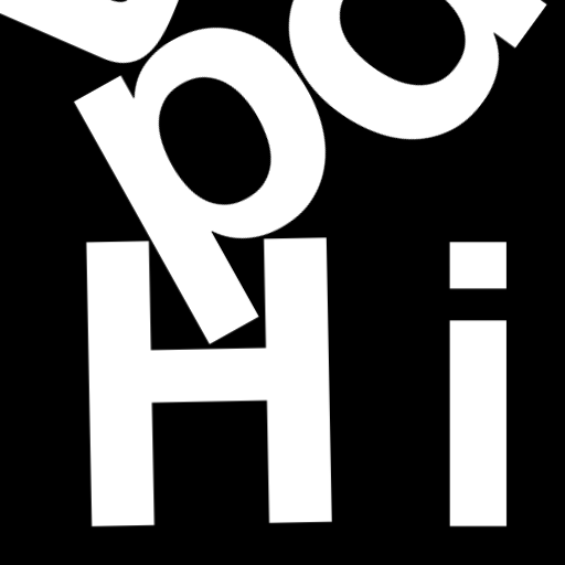 Happitec logo: jumbled letters spelling 'Happitec' arranged by physics simulation. Seed: 218612980. White letters on black background, 512x512 px.