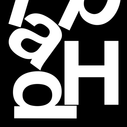 Happitec logo: jumbled letters spelling 'Happitec' arranged by physics simulation. Seed: 338982838. White letters on black background, 512x512 px.