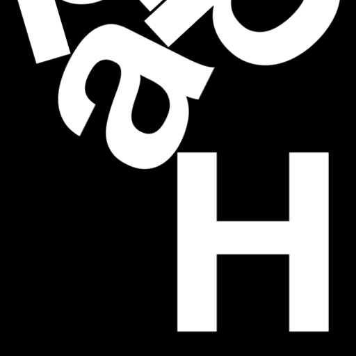 Happitec logo: jumbled letters spelling 'Happitec' arranged by physics simulation. Seed: 629142787. White letters on black background, 512x512 px.