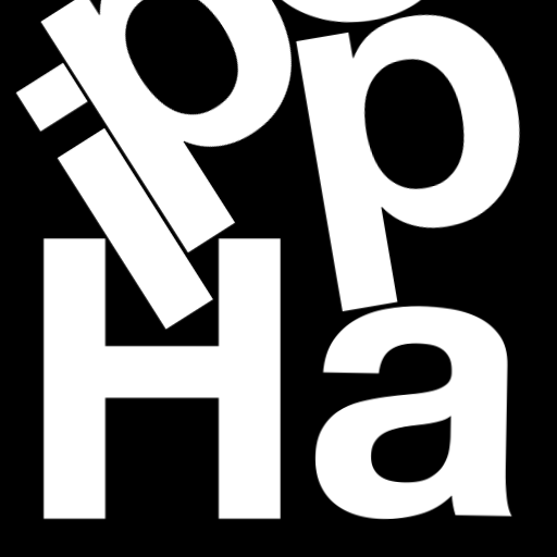 Happitec logo: jumbled letters spelling 'Happitec' arranged by physics simulation. Seed: 11109718. White letters on black background, 512x512 px.