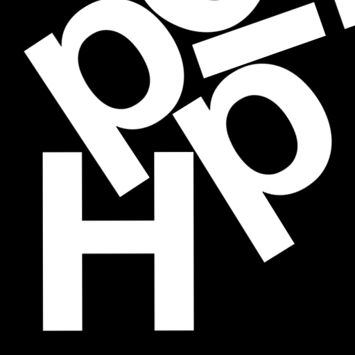 Happitec logo: jumbled letters spelling 'Happitec' arranged by physics simulation. Seed: 288923361. White letters on black background, 512x512 px.