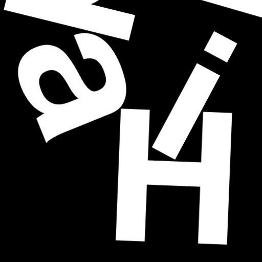 Happitec logo: jumbled letters spelling 'Happitec' arranged by physics simulation. Seed: 193939198. White letters on black background, 512x512 px.