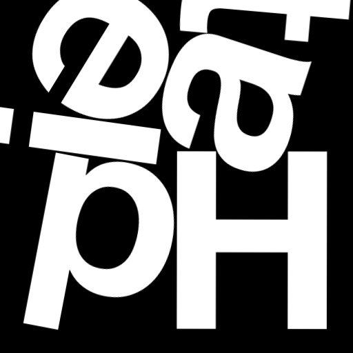 Happitec logo: jumbled letters spelling 'Happitec' arranged by physics simulation. Seed: 81535120. White letters on black background, 512x512 px.