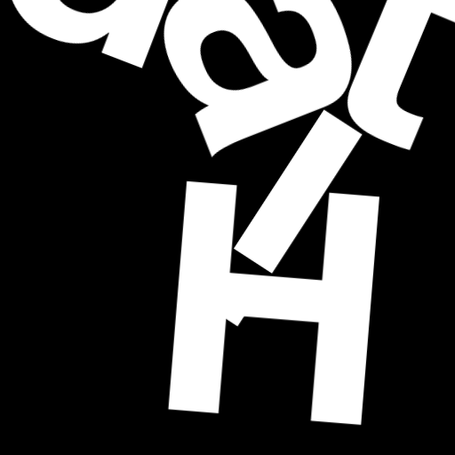 Happitec logo: jumbled letters spelling 'Happitec' arranged by physics simulation. Seed: 220543856. White letters on black background, 512x512 px.