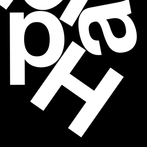 Happitec logo: jumbled letters spelling 'Happitec' arranged by physics simulation. Seed: 58628906. White letters on black background, 512x512 px.