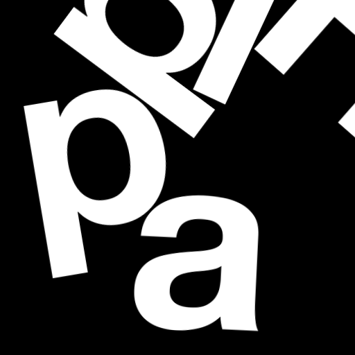 Happitec logo: jumbled letters spelling 'Happitec' arranged by physics simulation. Seed: 72226354. White letters on black background, 512x512 px.
