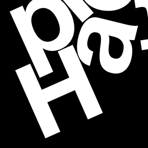 Happitec logo: jumbled letters spelling 'Happitec' arranged by physics simulation. Seed: 484162364. White letters on black background, 512x512 px.