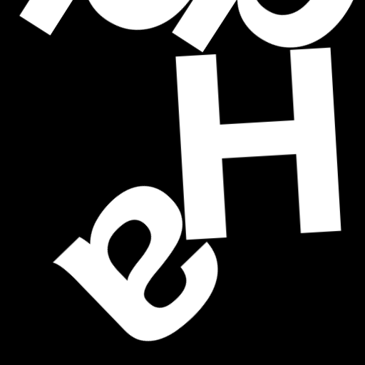Happitec logo: jumbled letters spelling 'Happitec' arranged by physics simulation. Seed: 182686680. White letters on black background, 512x512 px.