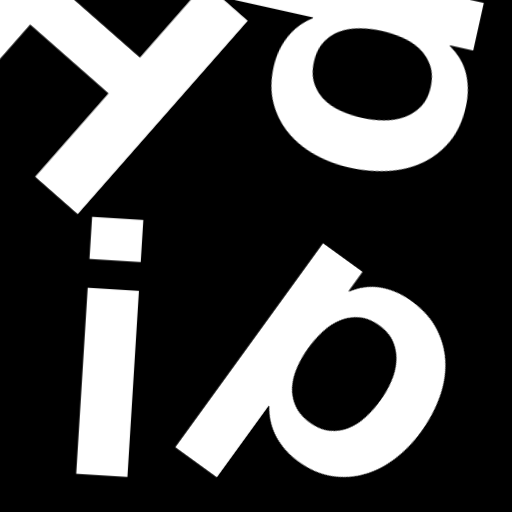 Happitec logo: jumbled letters spelling 'Happitec' arranged by physics simulation. Seed: 74983530. White letters on black background, 512x512 px.