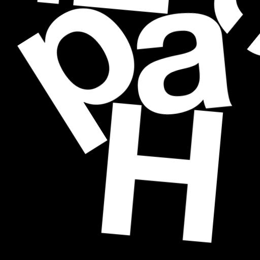 Happitec logo: jumbled letters spelling 'Happitec' arranged by physics simulation. Seed: 194935753. White letters on black background, 512x512 px.