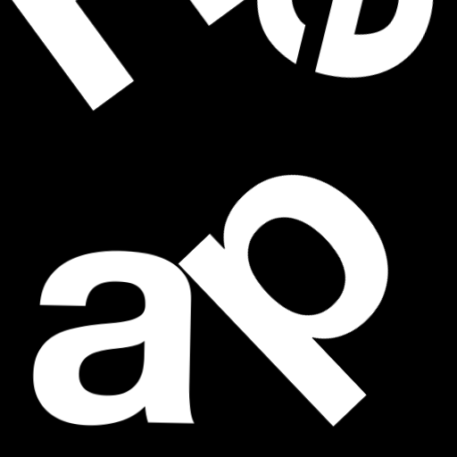 Happitec logo: jumbled letters spelling 'Happitec' arranged by physics simulation. Seed: 562390764. White letters on black background, 512x512 px.