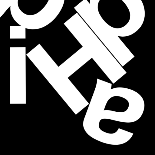 Happitec logo: jumbled letters spelling 'Happitec' arranged by physics simulation. Seed: 9055813. White letters on black background, 512x512 px.