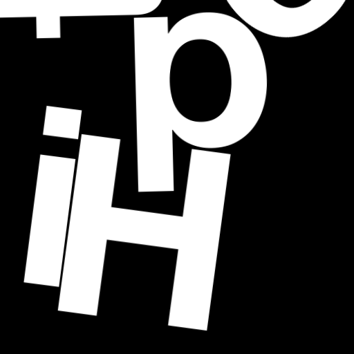Happitec logo: jumbled letters spelling 'Happitec' arranged by physics simulation. Seed: 18382543. White letters on black background, 512x512 px.