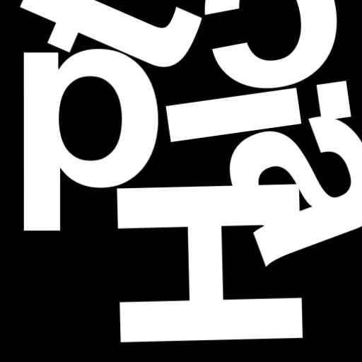 Happitec logo: jumbled letters spelling 'Happitec' arranged by physics simulation. Seed: 288893104. White letters on black background, 512x512 px.