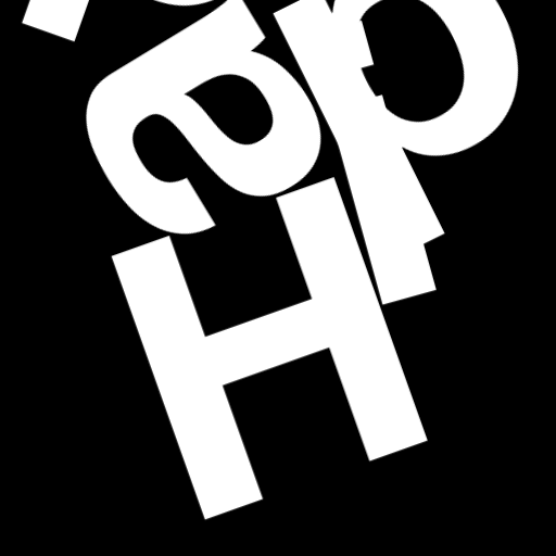 Happitec logo: jumbled letters spelling 'Happitec' arranged by physics simulation. Seed: 186233050. White letters on black background, 512x512 px.