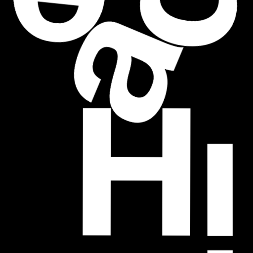 Happitec logo: jumbled letters spelling 'Happitec' arranged by physics simulation. Seed: 62543207. White letters on black background, 512x512 px.