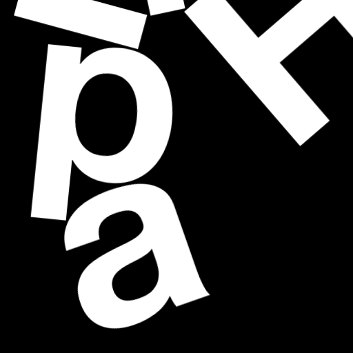 Happitec logo: jumbled letters spelling 'Happitec' arranged by physics simulation. Seed: 163399523. White letters on black background, 512x512 px.