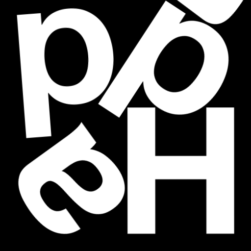 Happitec logo: jumbled letters spelling 'Happitec' arranged by physics simulation. Seed: 123211423. White letters on black background, 512x512 px.