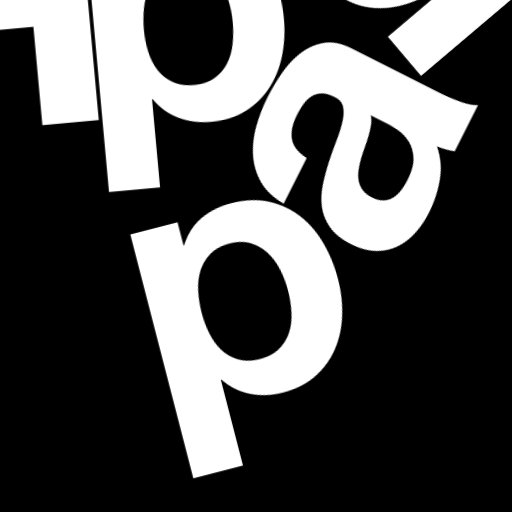 Happitec logo: jumbled letters spelling 'Happitec' arranged by physics simulation. Seed: 32133619. White letters on black background, 512x512 px.