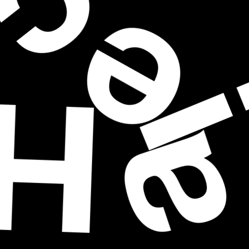 Happitec logo: jumbled letters spelling 'Happitec' arranged by physics simulation. Seed: 325558701. White letters on black background, 512x512 px.