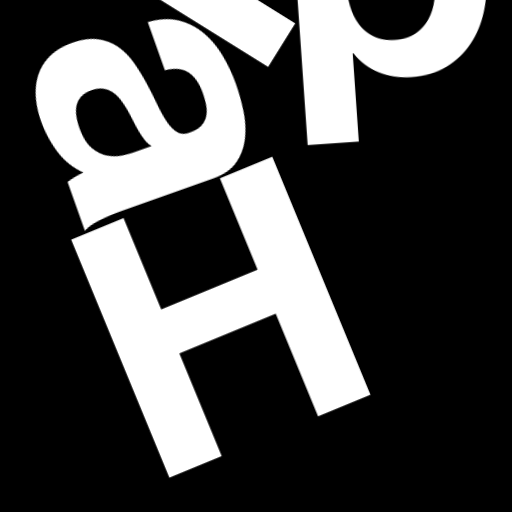 Happitec logo: jumbled letters spelling 'Happitec' arranged by physics simulation. Seed: 142159207. White letters on black background, 512x512 px.