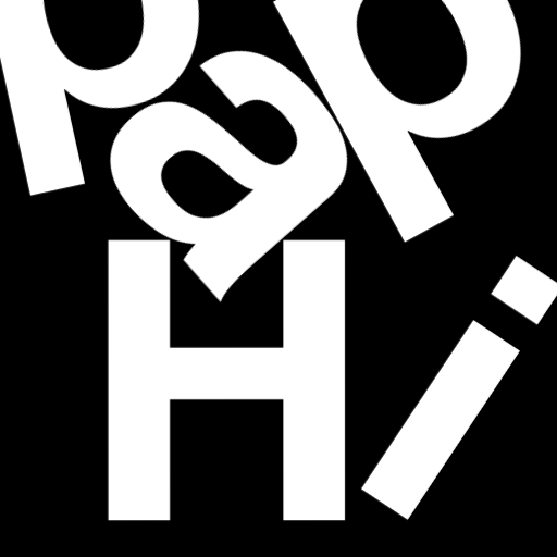 Happitec logo: jumbled letters spelling 'Happitec' arranged by physics simulation. Seed: 206928674. White letters on black background, 512x512 px.